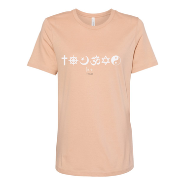 One Love Women's Tee with religious symbols from Christianity, Islam, and Judaism, promoting peace, love, and religious harmony. 100% cotton relaxed fit shirt in Sand Dune.